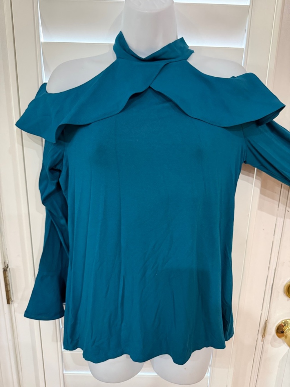 INC International Concepts Teal Cold-Shoulder Ruffle Blouse
